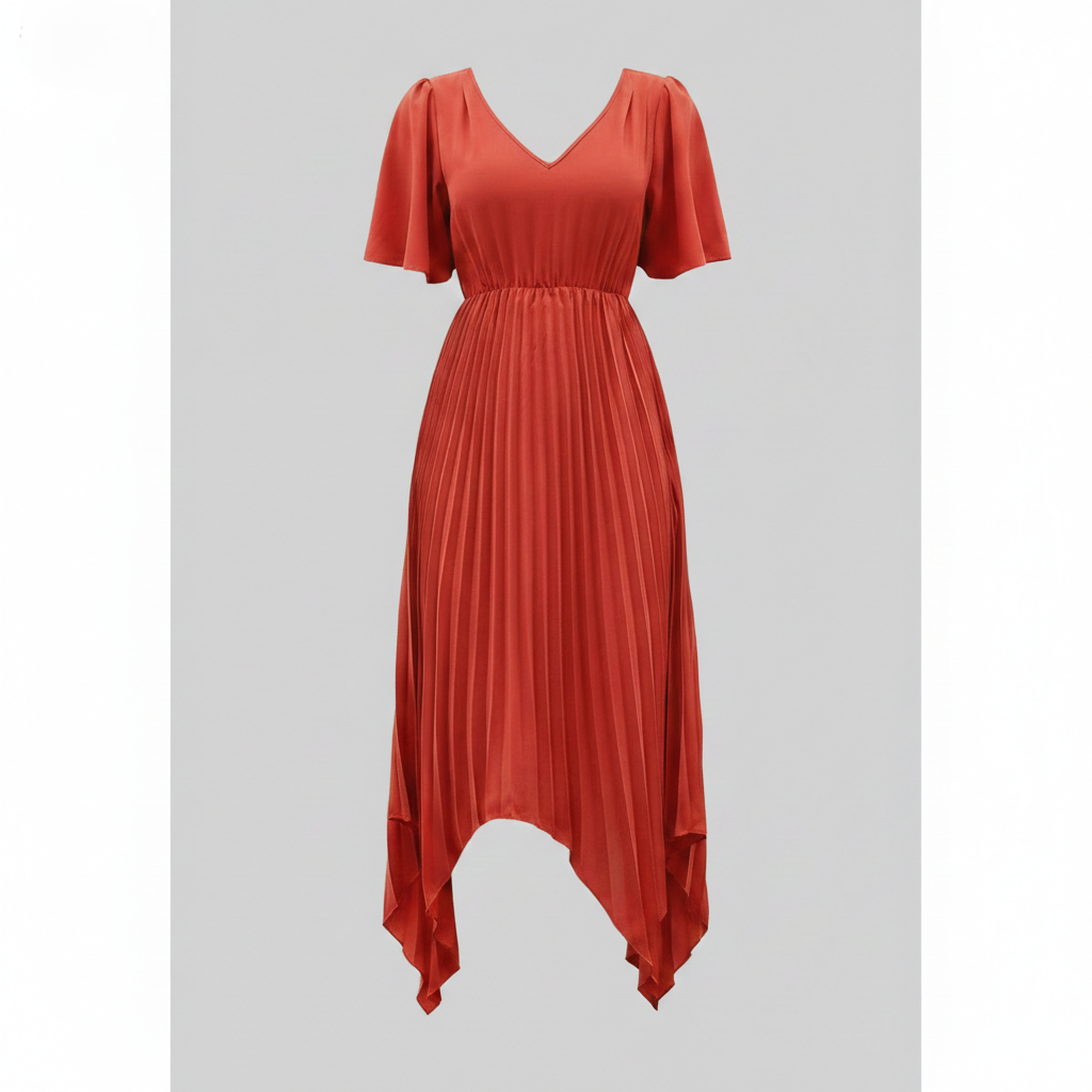 Damen Midikleid Plissee mit V Ausschnitt