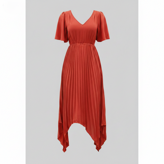 Damen Midikleid Plissee mit V Ausschnitt