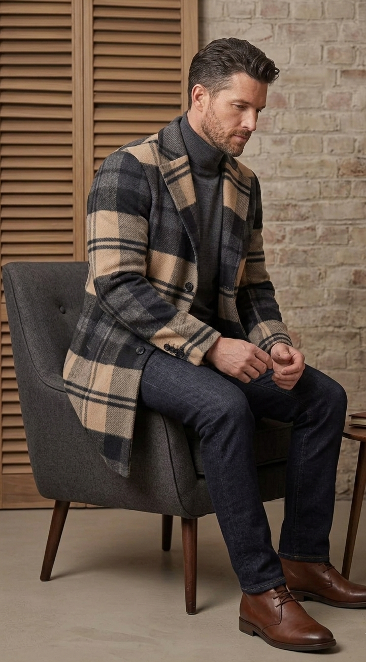 Herren Karierter Wintermantel mit warmem Innenfutter R&B