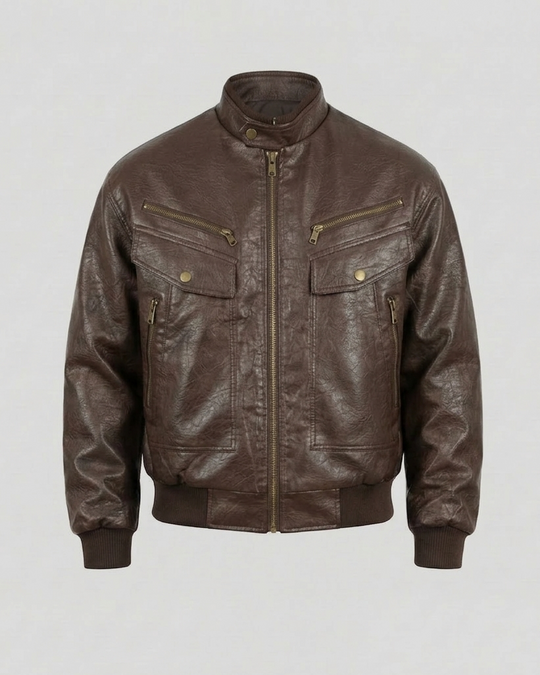 Herren Lederoptik Biker Blouson Stehkragen
