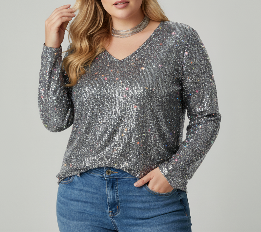 Damen Glänzende Top mit Elegantem V-Ausschnitt | Große Größen
