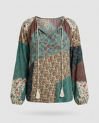 Boho Patchwork Bluse Damen Quasten V-Ausschnitt