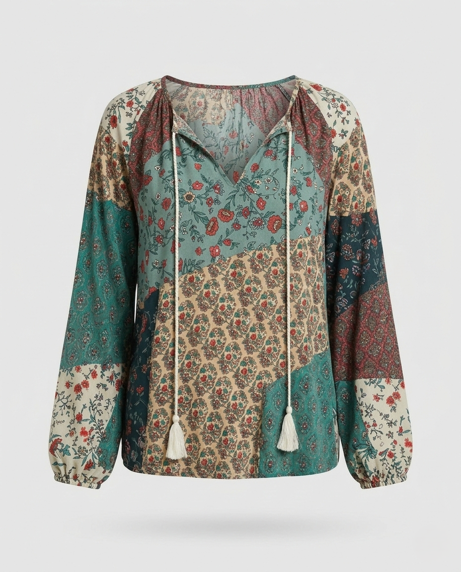 Boho Patchwork Bluse Damen Quasten V-Ausschnitt