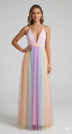 Regenbogen Spaghetti-Träger Damen Kleid | Mehrfarbig