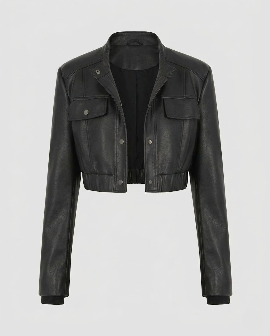 Damen Kunstleder Bikerjacke Schulterpolster