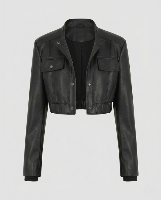 Damen Kunstleder Bikerjacke Schulterpolster