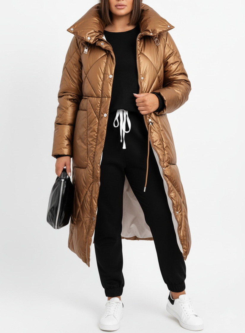 Damen Lange Pufferjacke Elegant mit Stehkragen | Große Größen