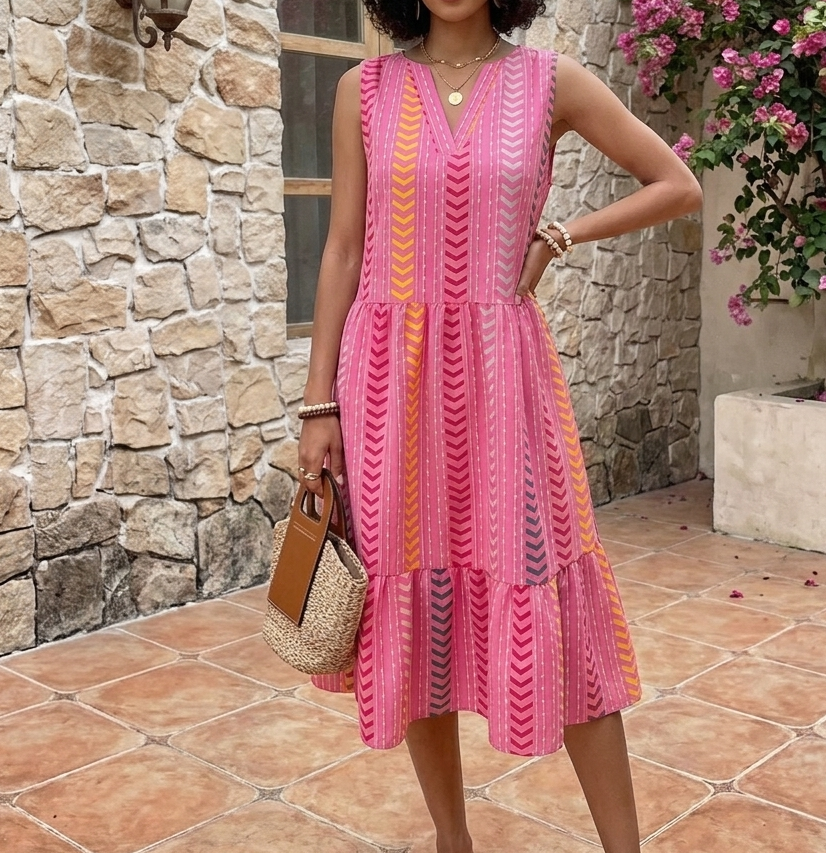 Damen Elegantes Sommerkleid mit Rüschen und Rautenmuster R&B