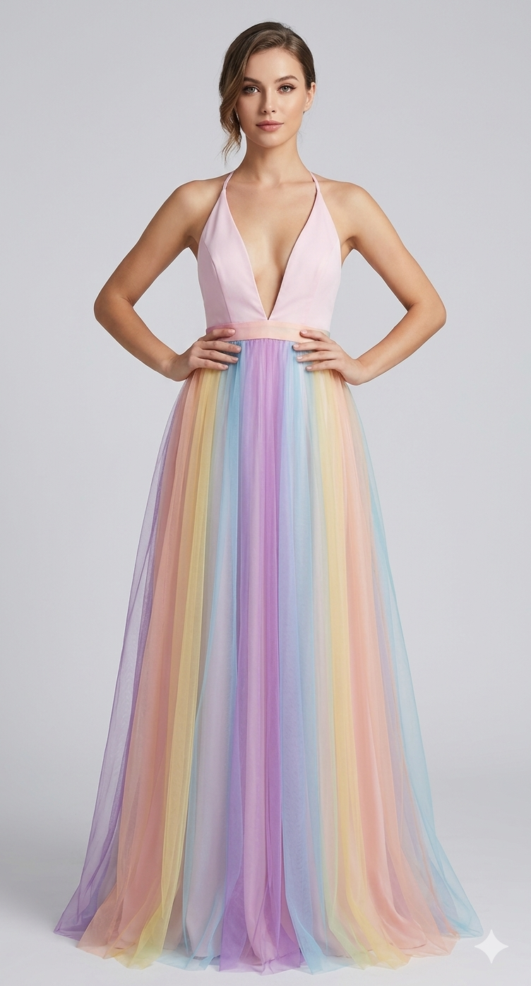 Regenbogen Spaghetti-Träger Damen Kleid | Mehrfarbig
