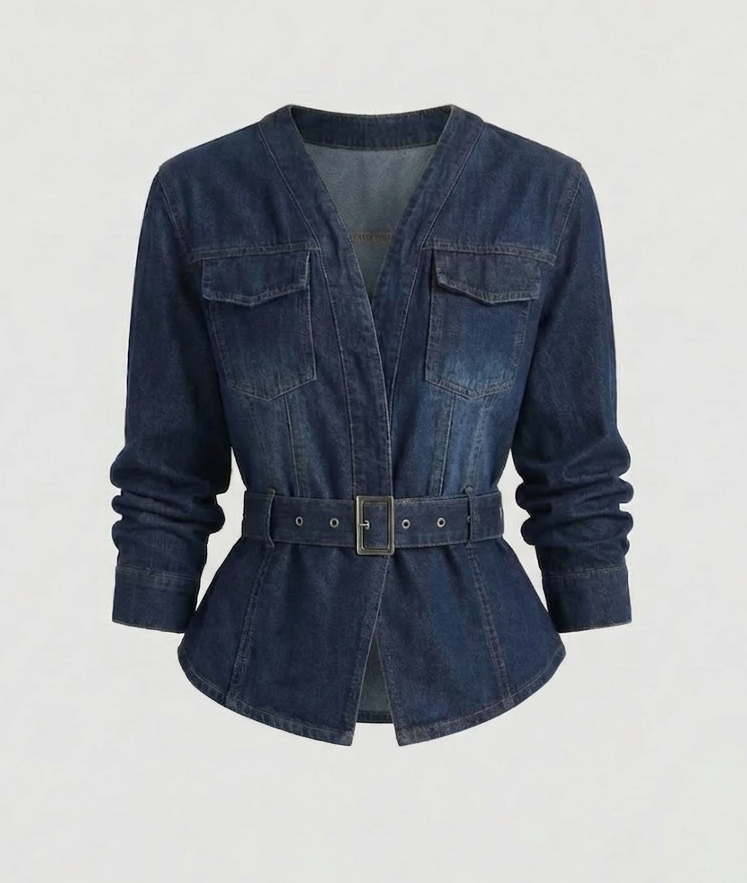 Damen Jeansblazer Taillengürtel Schößchen