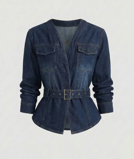 Damen Jeansblazer Taillengürtel Schößchen