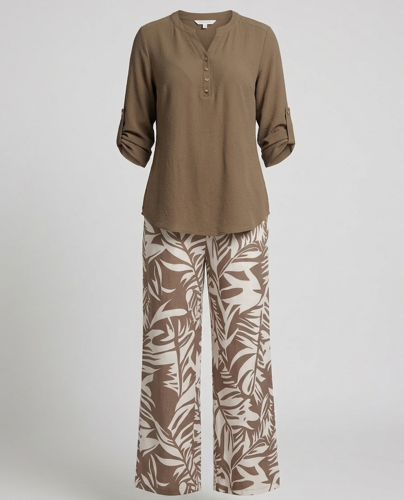 Damen Palazzo Set Blattprint Viskosebluse