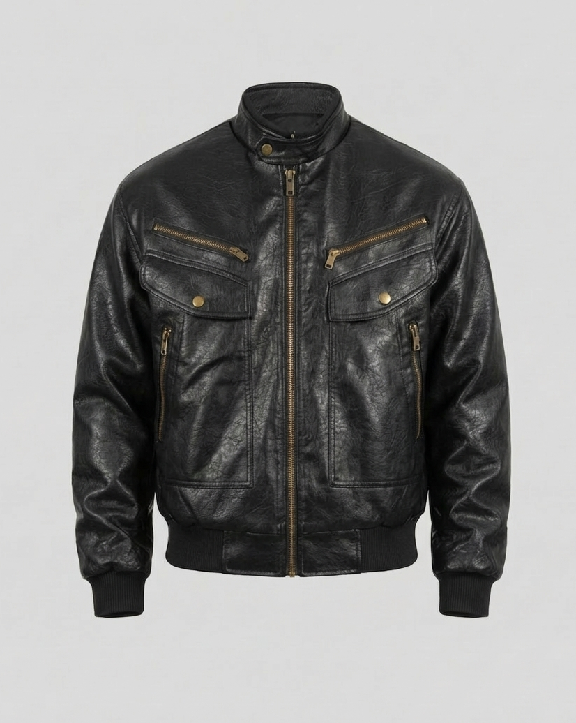 Herren Lederoptik Biker Blouson Stehkragen