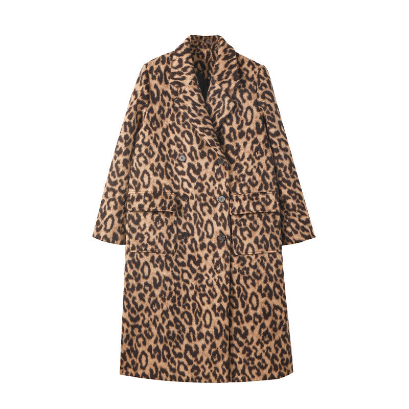 R&B | Damen Lange Winterjacke mit Leopardenmuster und Weichem Warmem Textil