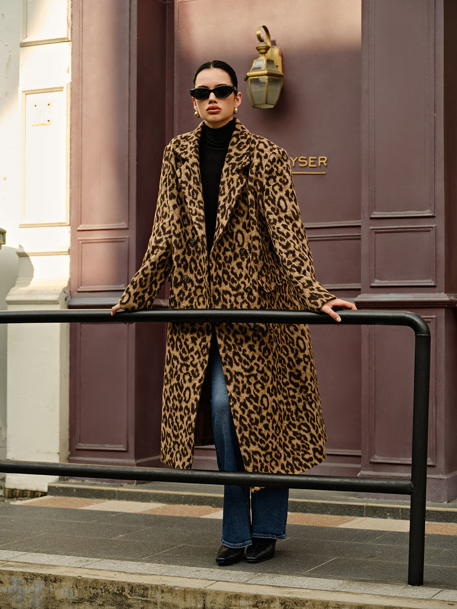 R&B | Damen Lange Winterjacke mit Leopardenmuster und Weichem Warmem Textil