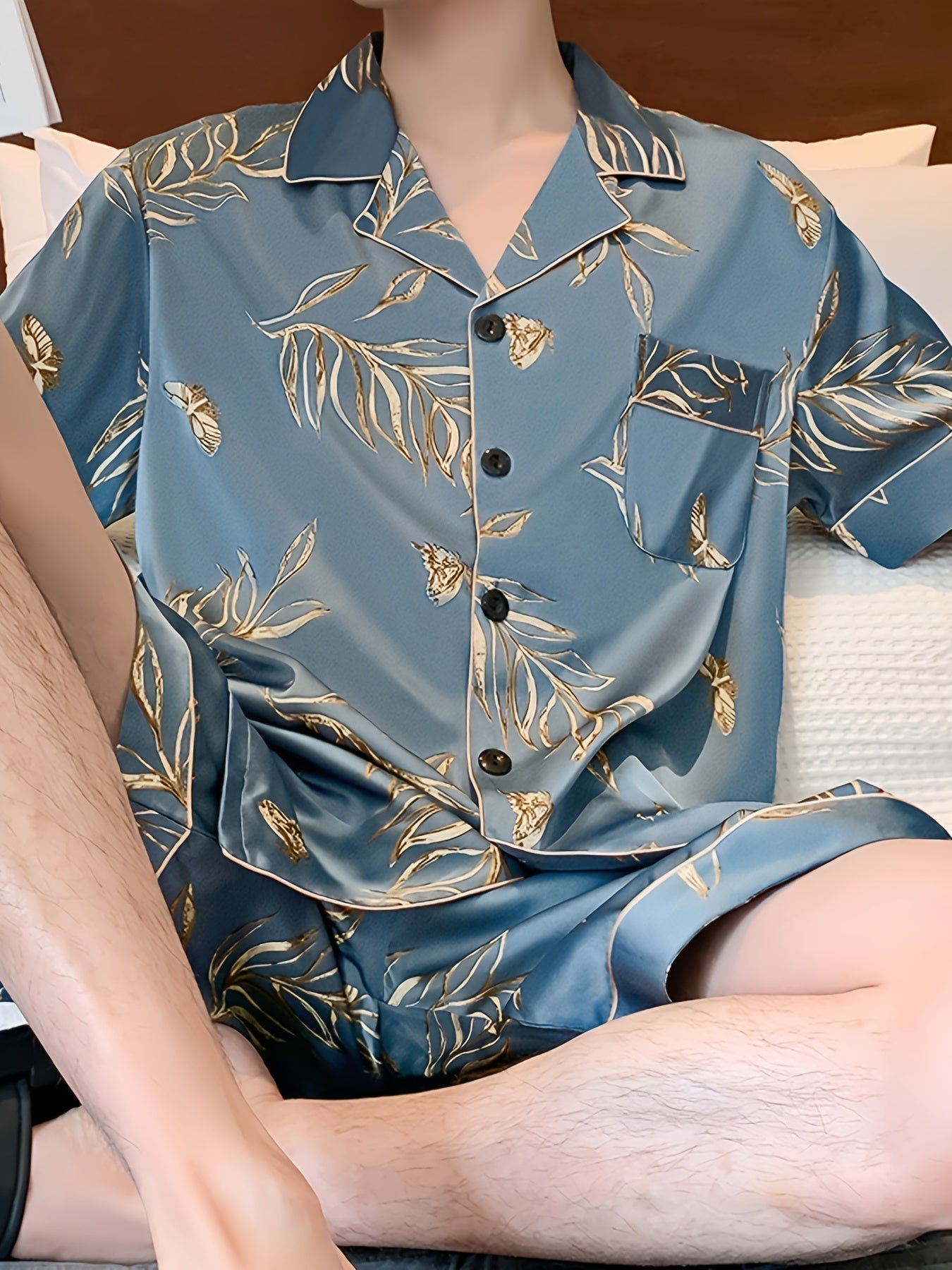 R&B | Herren Sommer Eis Seide Pyjama Satz mit Blumen und Blättern Druck