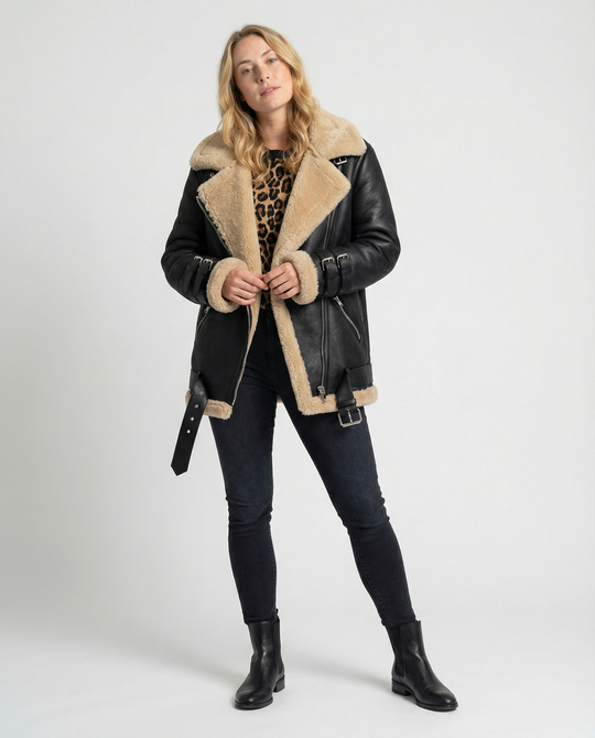 R&B | Lammfell Gefütterte Bikerjacke für Damen