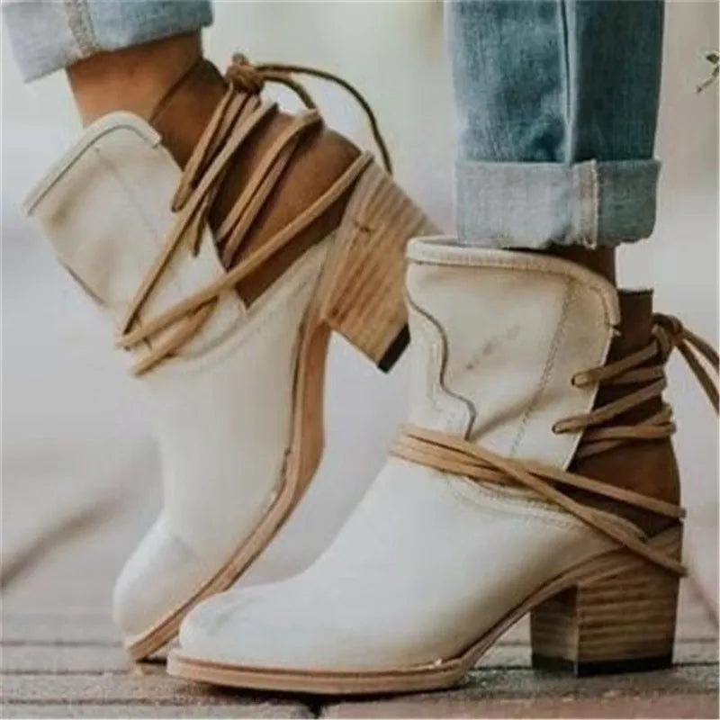 R&B | Western Stiefel Leder Knöchelhöhe Gealterte Optik Blockabsatz Weinlese Stil