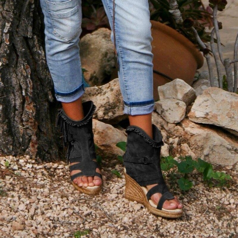 R&B | Weinlese PU-Quasten Peeptoe Hohe Keil Sandalen
