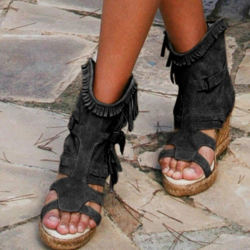 R&B | Weinlese PU-Quasten Peeptoe Hohe Keil Sandalen