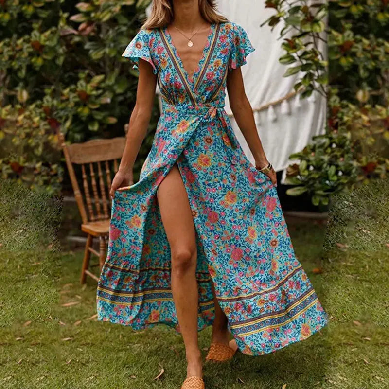 R&B | Elegantes V-Ausschnitt Wickel Maxi Kleid
