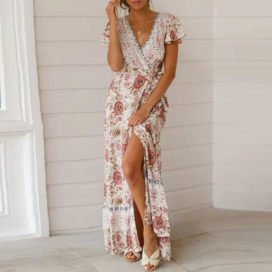 R&B | Elegantes V-Ausschnitt Wickel Maxi Kleid