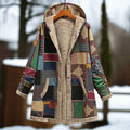 R&B | Langer Patchwork-Mantel Gefüttert mit Fleece Kapuze & Knopfverschluss Lässiger Look