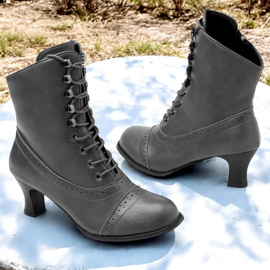 R&B | Damen Viktorianische Braune Mid-Heel Schnürstiefel mit Reißverschluss