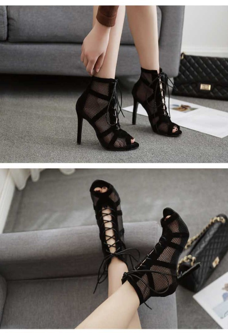 R&B | Schwarze Schnürung Peep Toe Netz High Heel Knöchel Stiefel