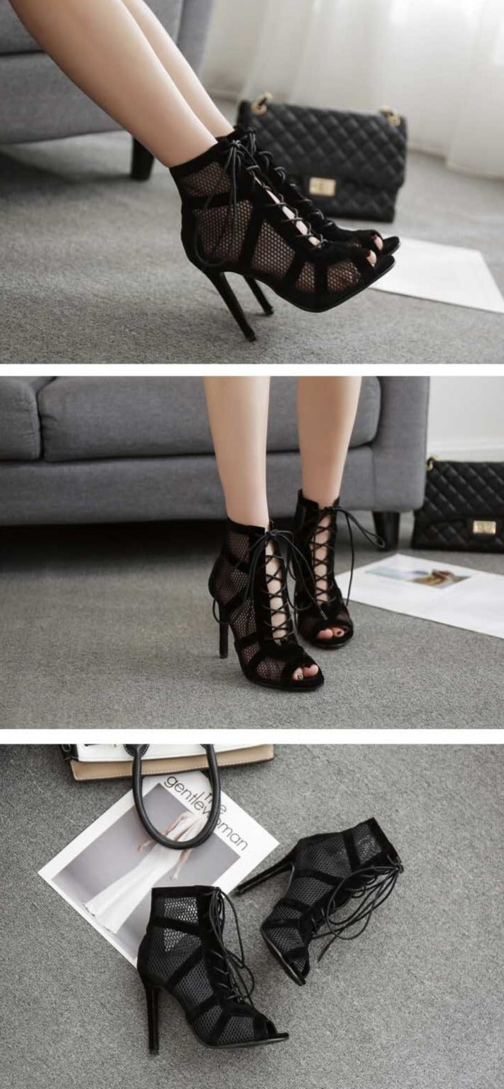 R&B | Schwarze Schnürung Peep Toe Netz High Heel Knöchel Stiefel