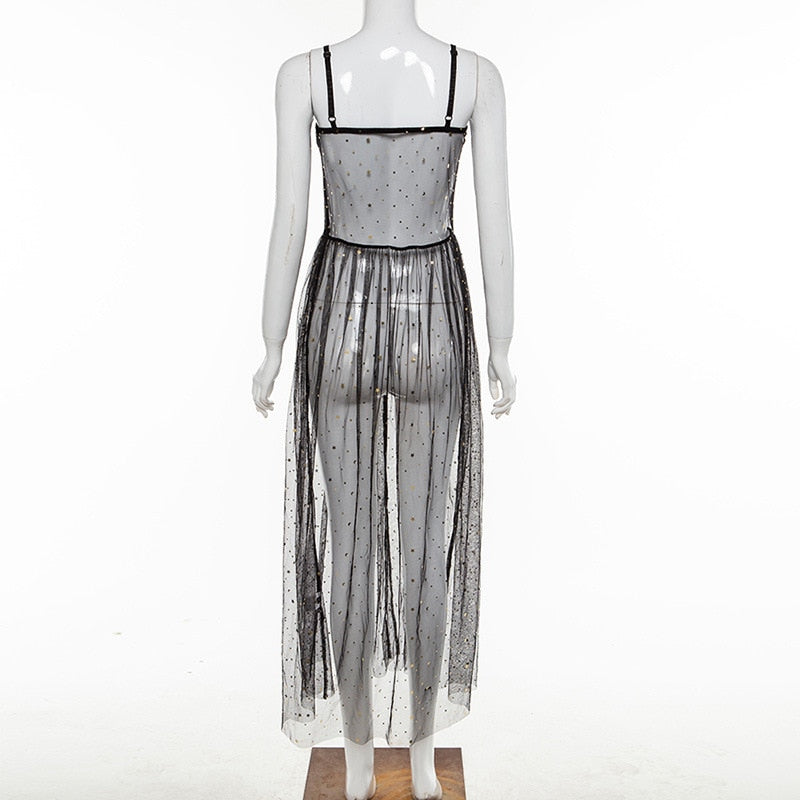 R&B | Stern Schwarz Netz Transparent Ärmelloses Maxi-Kleid