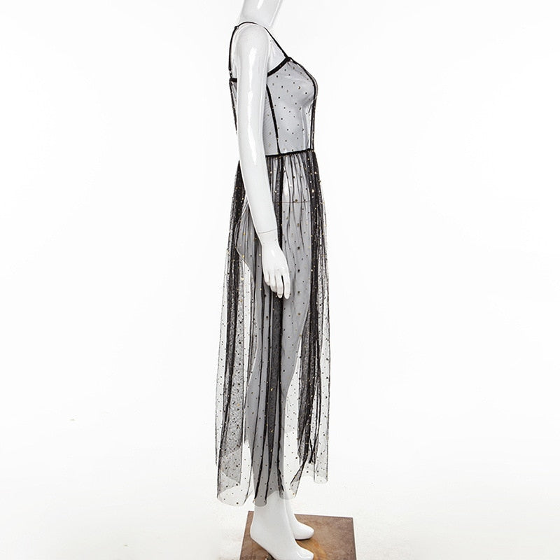 R&B | Stern Schwarz Netz Transparent Ärmelloses Maxi-Kleid