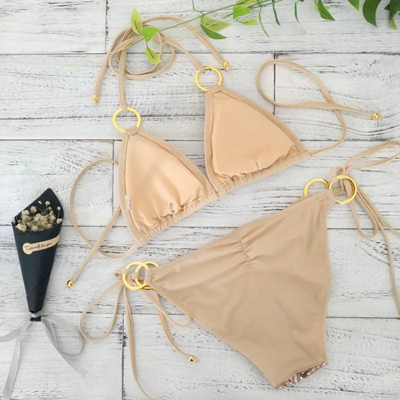 Heidi-Mode | Neu Sexy Bikinis Pailletten Goldfarbe Frauen Bandage Bikini Set Push-Up Vorgepolsterter Bh Badeanzug Set Bademode
