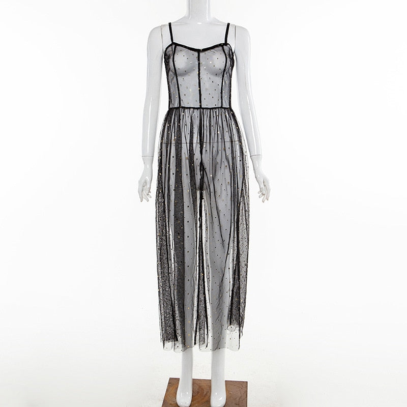 R&B | Stern Schwarz Netz Transparent Ärmelloses Maxi-Kleid