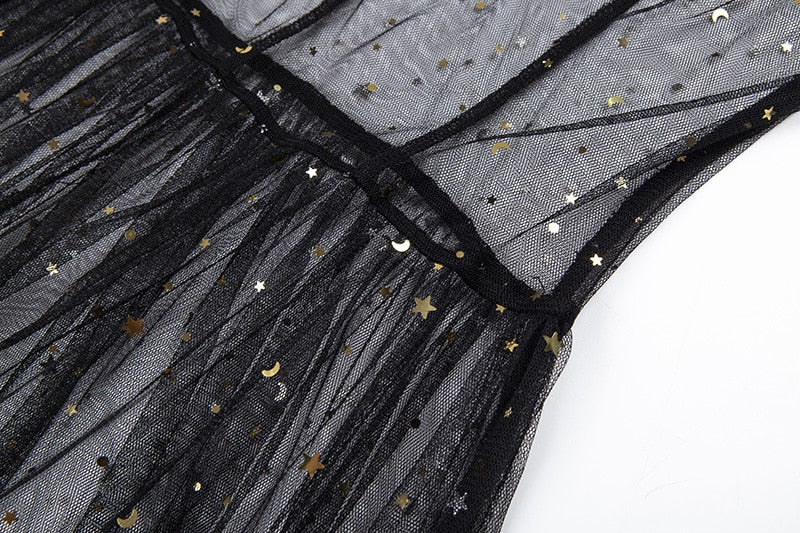 R&B | Stern Schwarz Netz Transparent Ärmelloses Maxi-Kleid