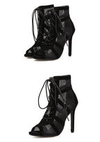 R&B | Schwarze Schnürung Peep Toe Netz High Heel Knöchel Stiefel