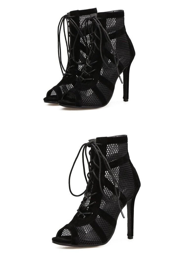 R&B | Schwarze Schnürung Peep Toe Netz High Heel Knöchel Stiefel
