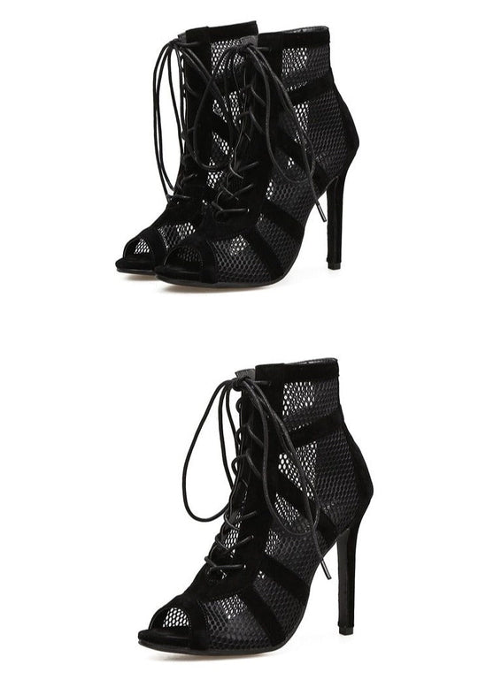 R&B | Schwarze Schnürung Peep Toe Netz High Heel Knöchel Stiefel