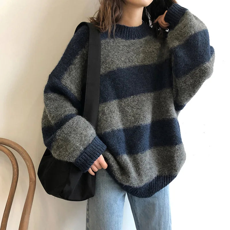 R&B | Pullover - Damen Herbst Übergröße Gestreifter Strickpullover