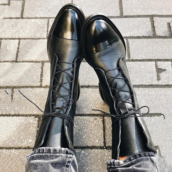 R&B | Stiefeletten Lackleder Schnürung Blockabsatz Weinlese Stil
