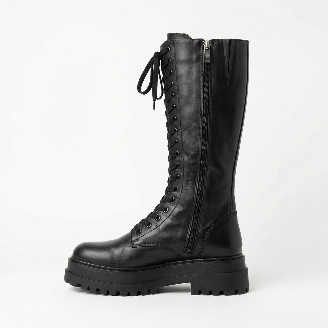 R&B | Hohe Stiefel Damen Schwarz mit Schnürung Tracksohle