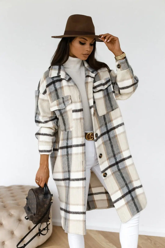 R&B | Langer Karierter Fleece-Mantel