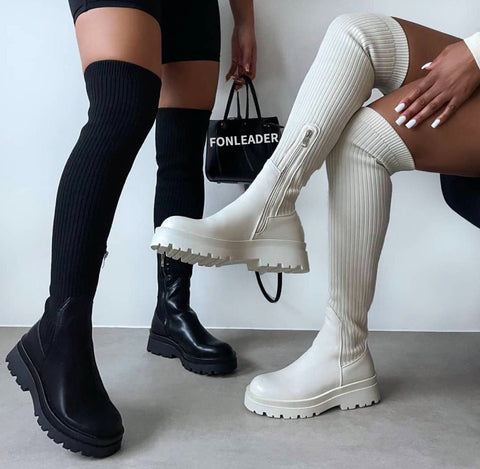 R&B | Über-Die-Knie Elastische Strickstiefel