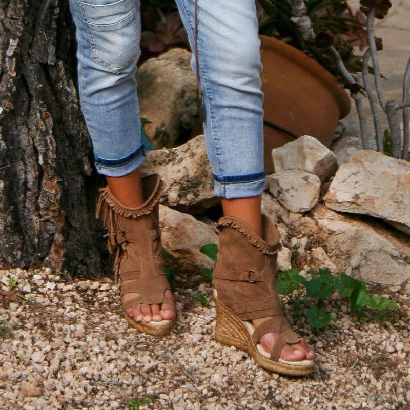 R&B | Weinlese PU-Quasten Peeptoe Hohe Keil Sandalen