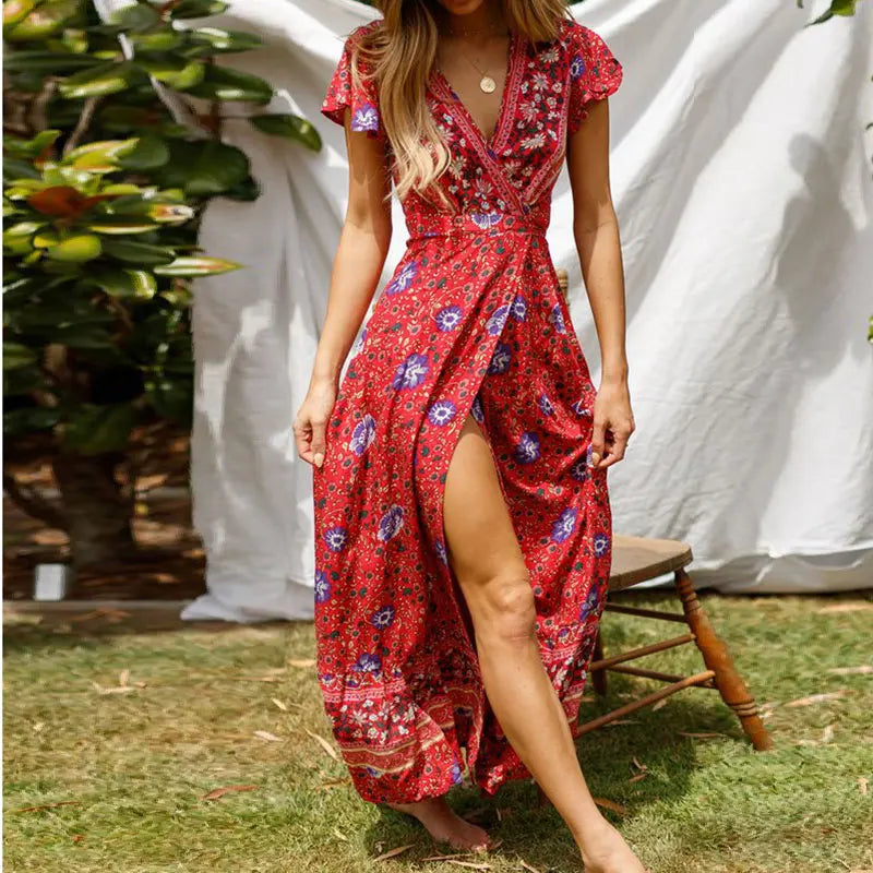 R&B | Elegantes V-Ausschnitt Wickel Maxi Kleid