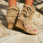R&B | Weinlese PU-Quasten Peeptoe Hohe Keil Sandalen