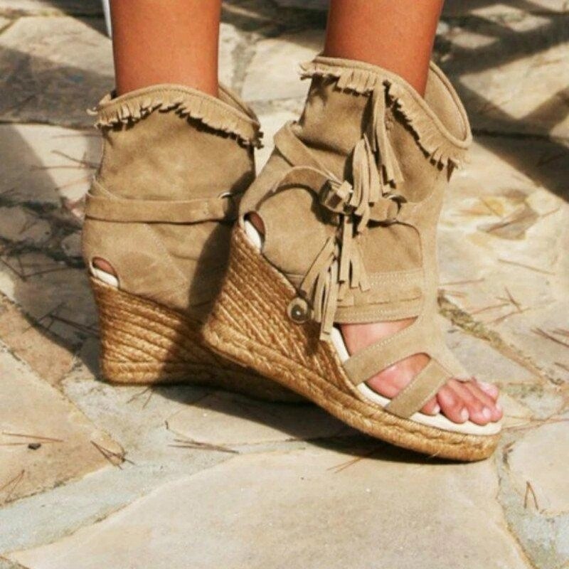 R&B | Weinlese PU-Quasten Peeptoe Hohe Keil Sandalen