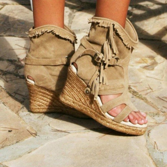 R&B | Weinlese PU-Quasten Peeptoe Hohe Keil Sandalen