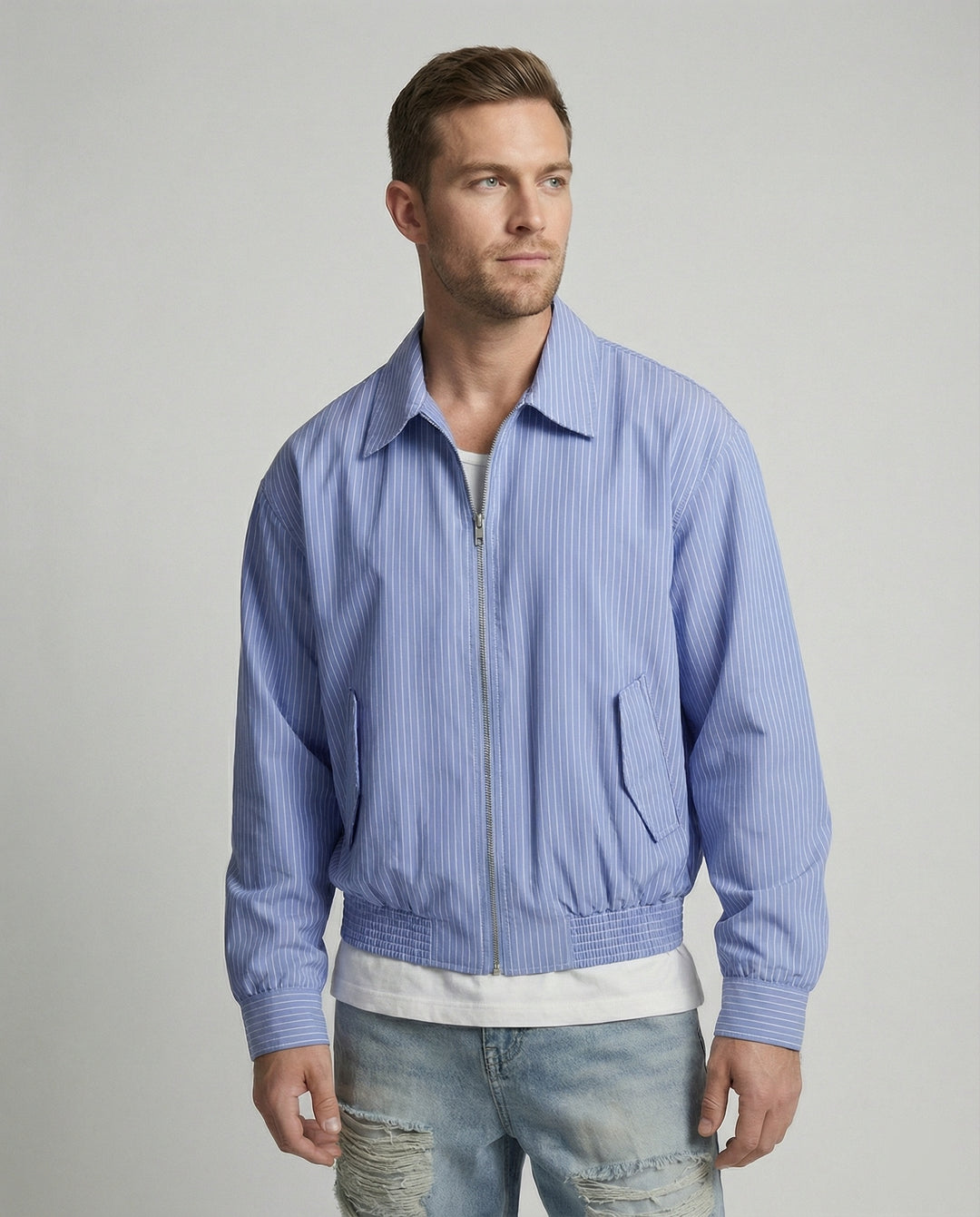 Oversized Reißverschluss-Blouson mit Hemdkragen aufgesetzten Klappentaschen und elastischem Saum R&B
