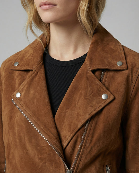 Weit geschnittene Wildlederoptik Jacke mit großem Revers und Reißverschluss-Druckknopf-Kombination R&B